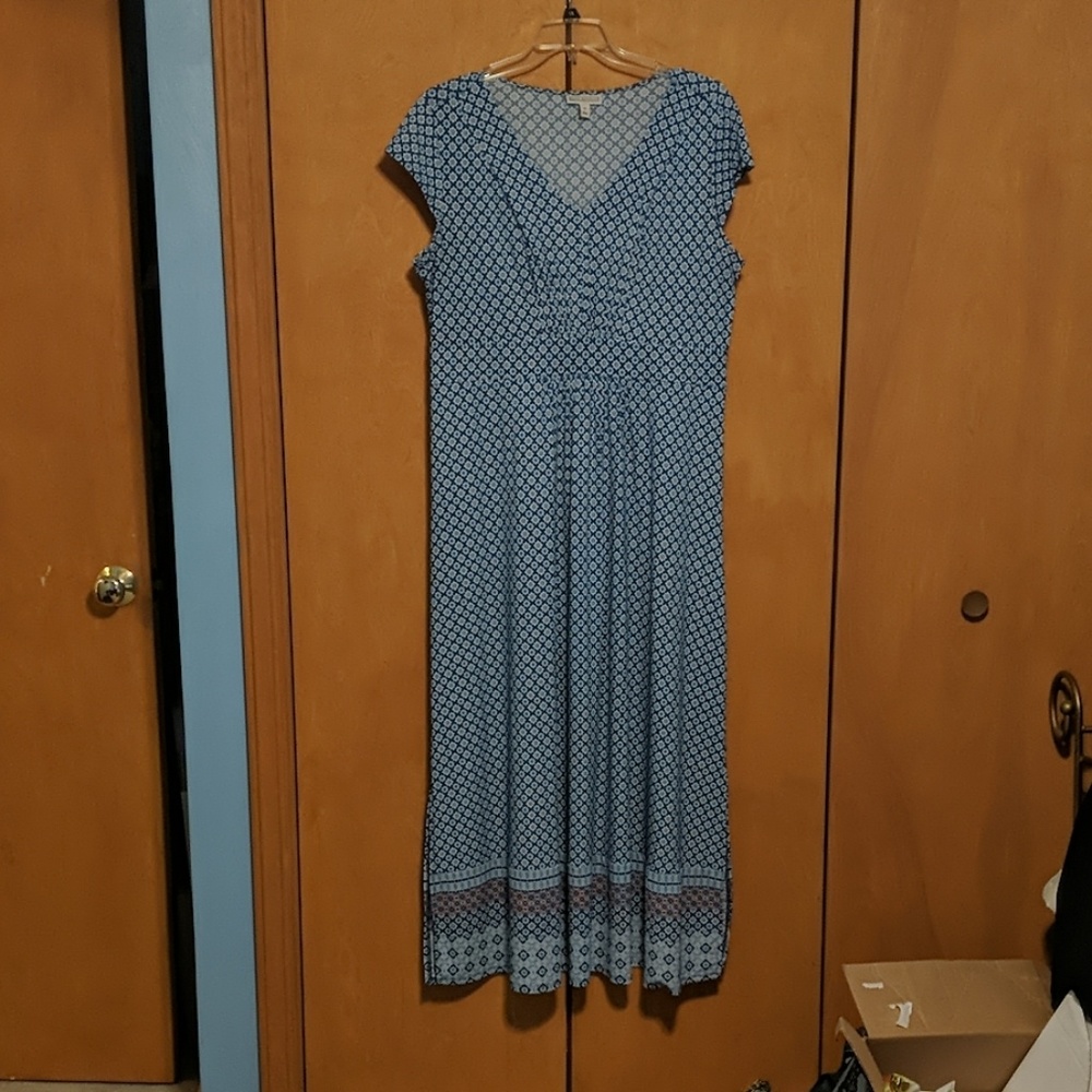 Blue and white patterned maxi dress